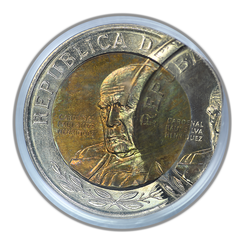 2008-So Chile 500P Pesos PCGS MS66 Mint Error D/S 2nd Strike 60% O/C