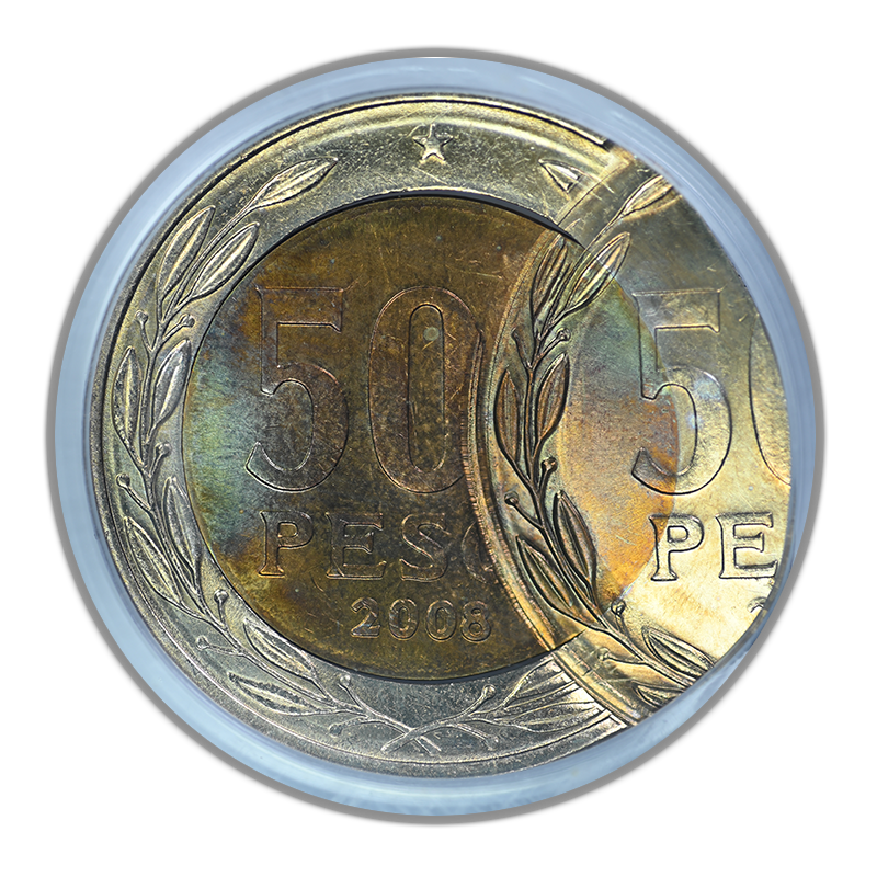 2008-So Chile 500P Pesos PCGS MS66 Mint Error D/S 2nd Strike 60% O/C