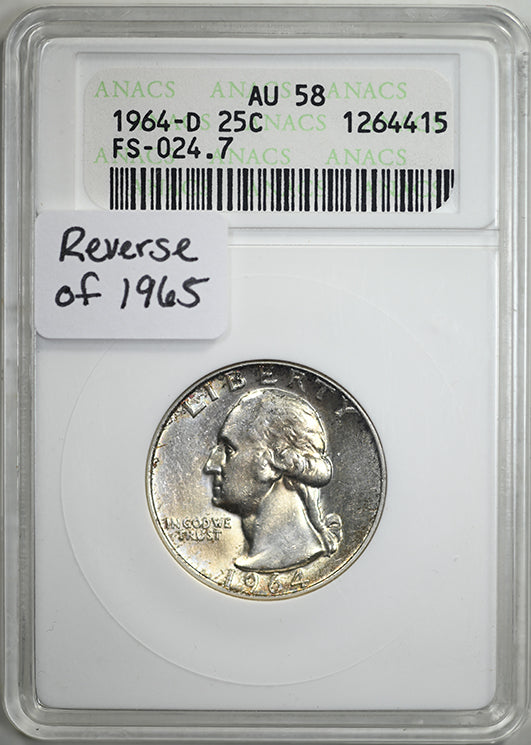 1964-D Washington Quarter 25C ANACS Soapbox AU58 FS-024.7 - Reverse of 1965