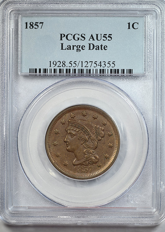 1857 Braided Hair Liberty Head Large Cent 1C PCGS AU55 - Large Date