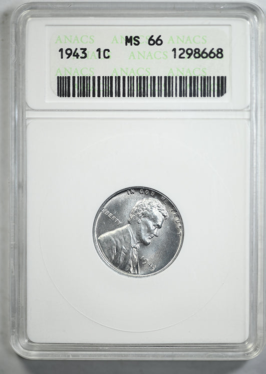 1943 Steel Lincoln Wheat Cent 1C ANACS Soapbox MS66