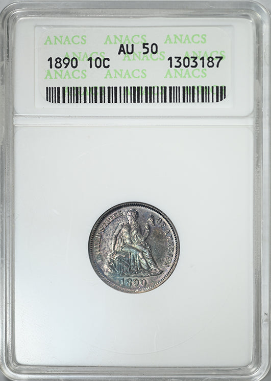 1890 Liberty Seated Dime 10C ANACS Soapbox AU50 - TONED!