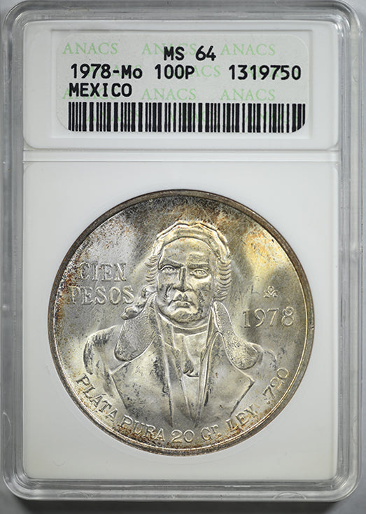 1978-Mo Mexico Silver 100P Cien Pesos ANACS Soapbox MS64