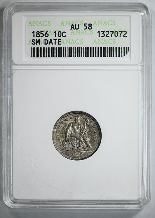 1856 Liberty Seated Dime 10C ANACS Soapbox AU58 - Small Date