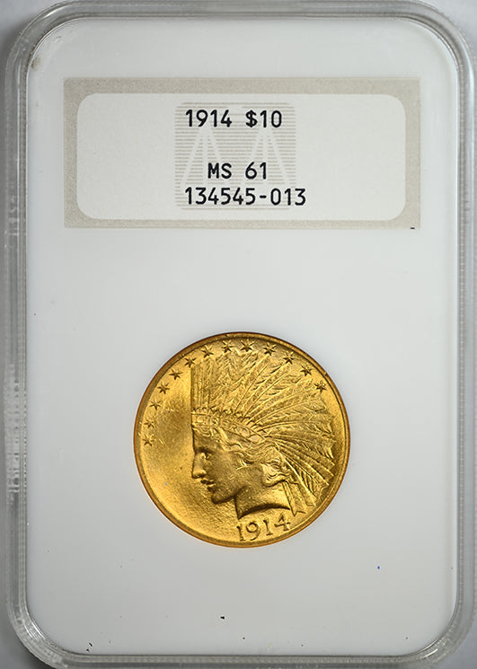 1914 Indian Head Gold Eagle $10 NGC Fatty MS61