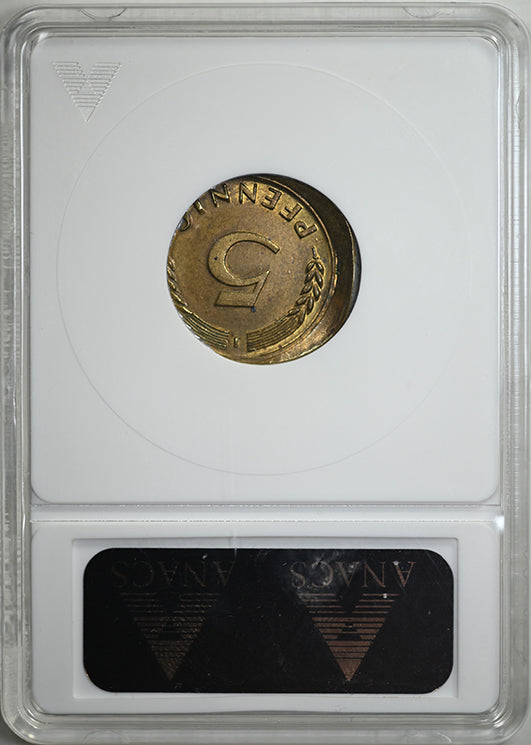 1949-J Germany 5PF Pfennig ANACS Soapbox MS62 - Off-Center Misaligned Dies