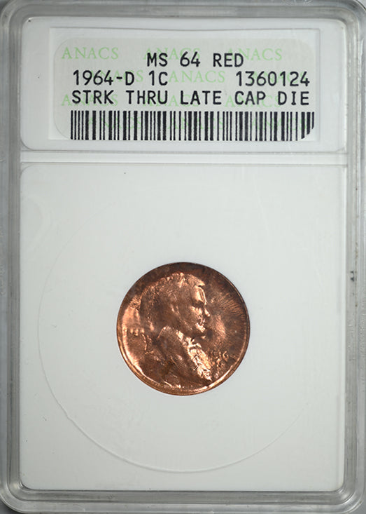 1964-D Lincoln Memorial Cent 1C ANACS Soapbox MS64RD - Mint Error Struck Thru Late Cap Die
