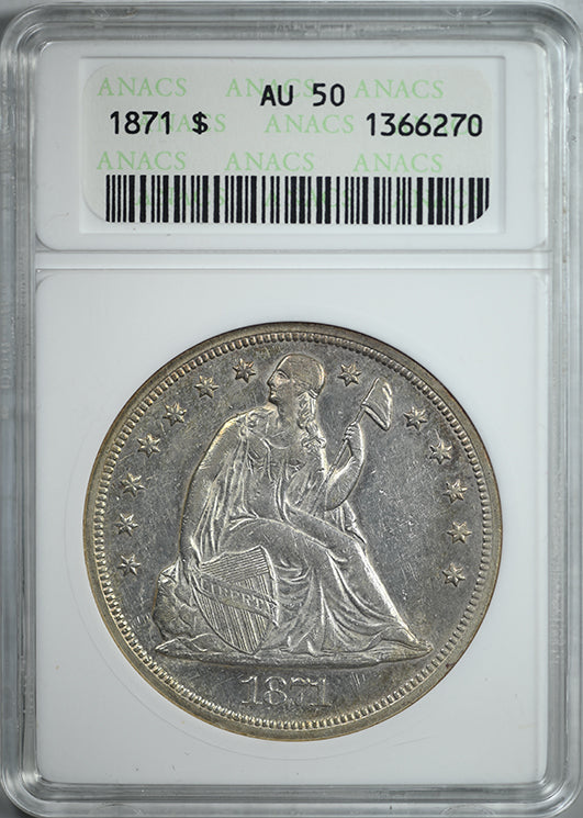 1871 Liberty Seated Dollar $1 ANACS Soapbox AU50
