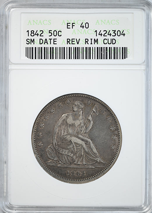 1842 Liberty Seated Half Dollar 50C ANACS Soapbox EF40 - Small Date - Reverse Rim Cud