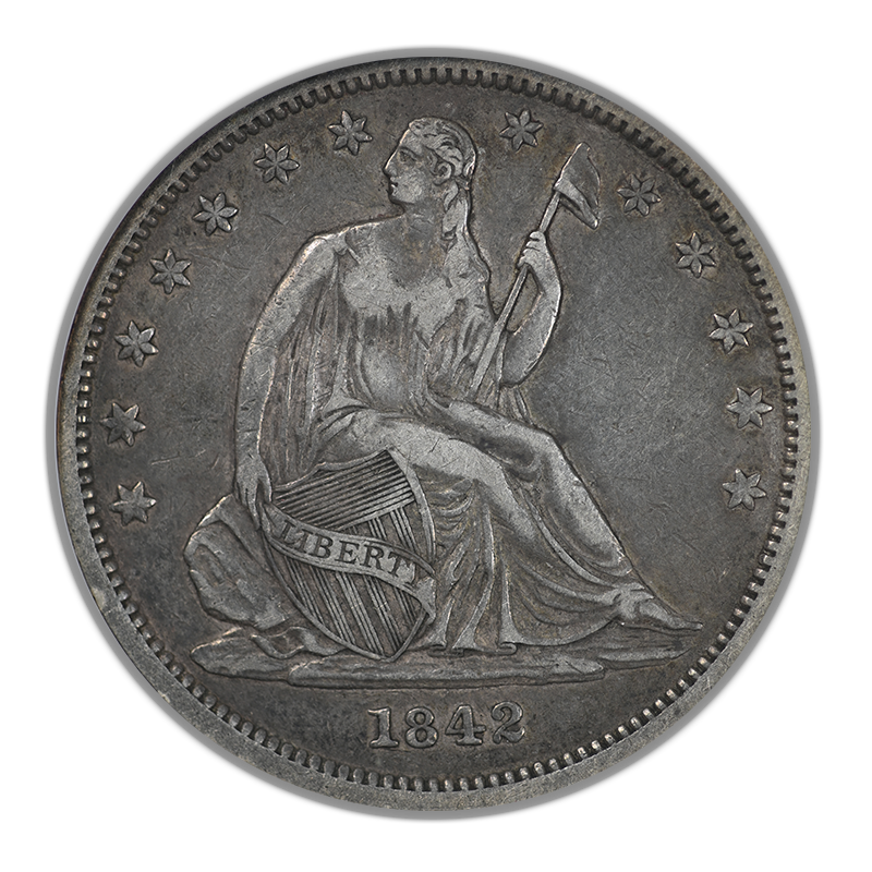 1842 Liberty Seated Half Dollar 50C ANACS Soapbox EF40 - Small Date - Reverse Rim Cud