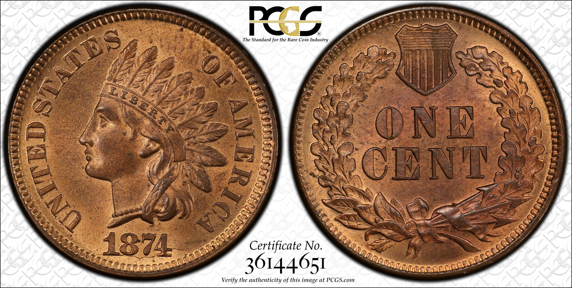 1874 Indian Head Cent 1C PCGS MS65RB Trueview