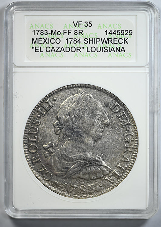 1783-Mo FF Mexico 8R Reales ANACS VF35 - "El Cazador" Louisiana 1784 Shipwreck