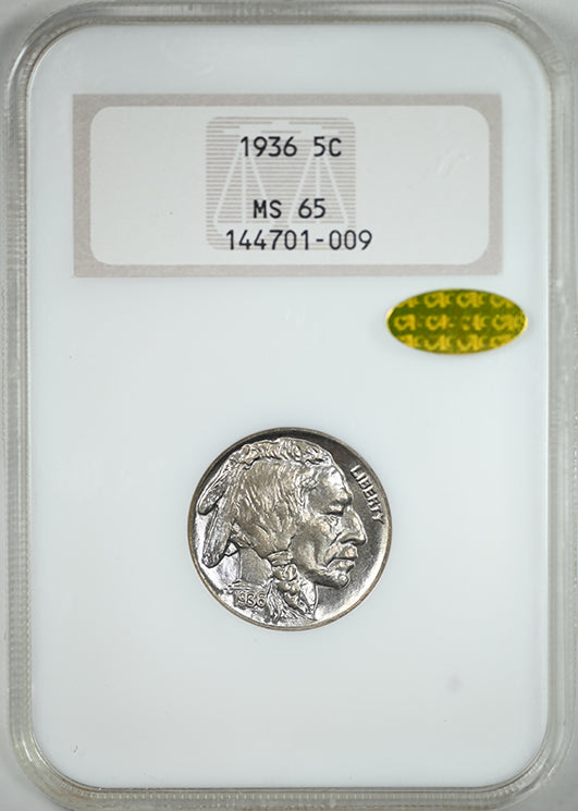1936 Buffalo Nickel 5C NGC Fatty MS65 Gold CAC