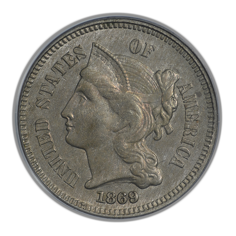 1869 Three Cent Nickel Piece 3CN PCGS AU58 CAC