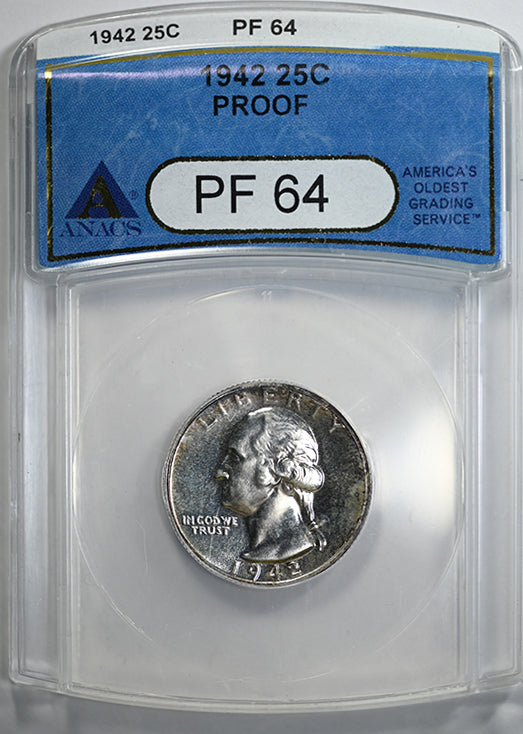 1942 Proof Washington Quarter 25C ANACS Uncommon Holder PF64