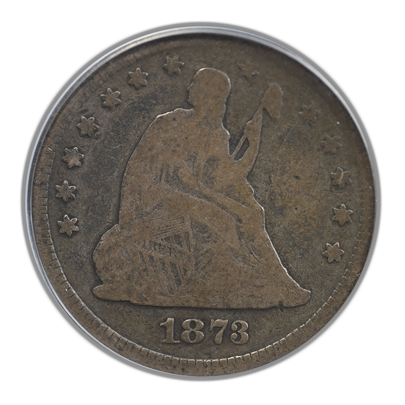 1873 Liberty Seated Quarter 25C PCGS VG08 - Closed 3 Obverse