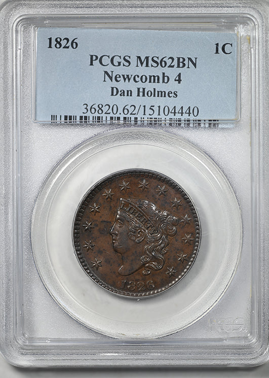 1826 Coronet Head Large Cent 1C PCGS MS62BN - Newcomb 4