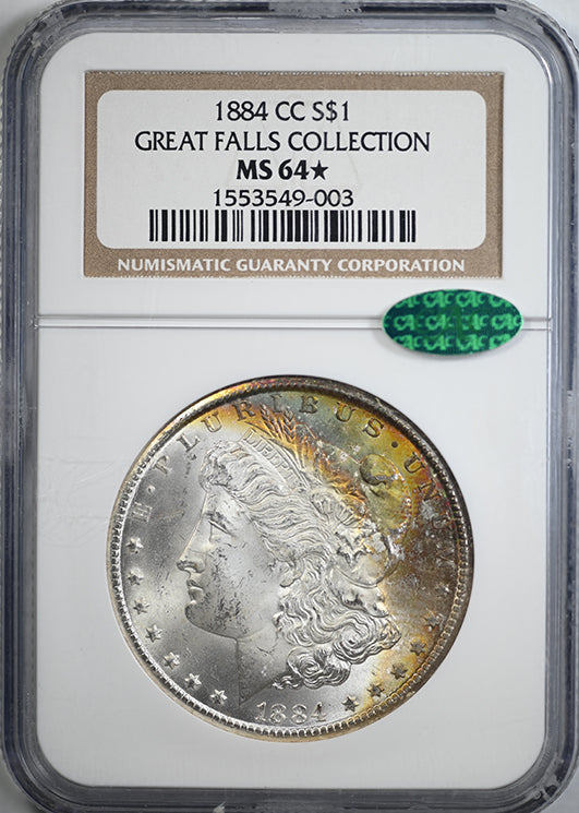 1884-CC Morgan Dollar $1 NGC MS64* Star CAC - Great Falls Collection - TONED!
