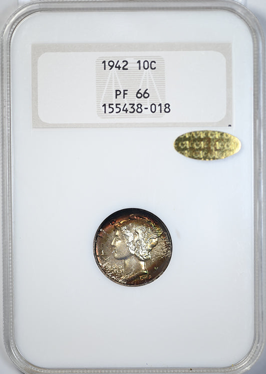 1942 Proof Mercury Dime 10C NGC Fatty PF66 Gold CAC - TONED! Obverse Slab