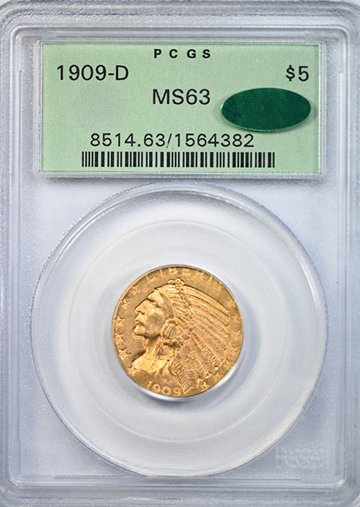 1909-D Indian Head Gold Half Eagle $5 PCGS MS63 CAC OGH Obverse Slab