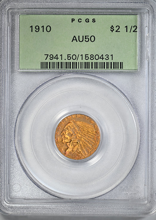 1910 Indian Head Gold Quarter Eagle $2.50 PCGS AU50 OGH