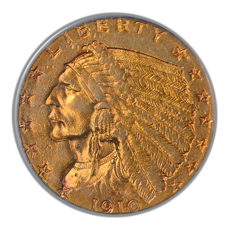 1910 Indian Head Gold Quarter Eagle $2.50 PCGS AU50 OGH