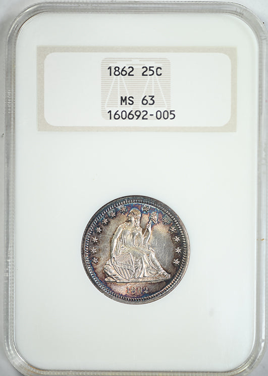 1862 Liberty Seated Quarter 25C NGC Fatty MS63 - TONED!