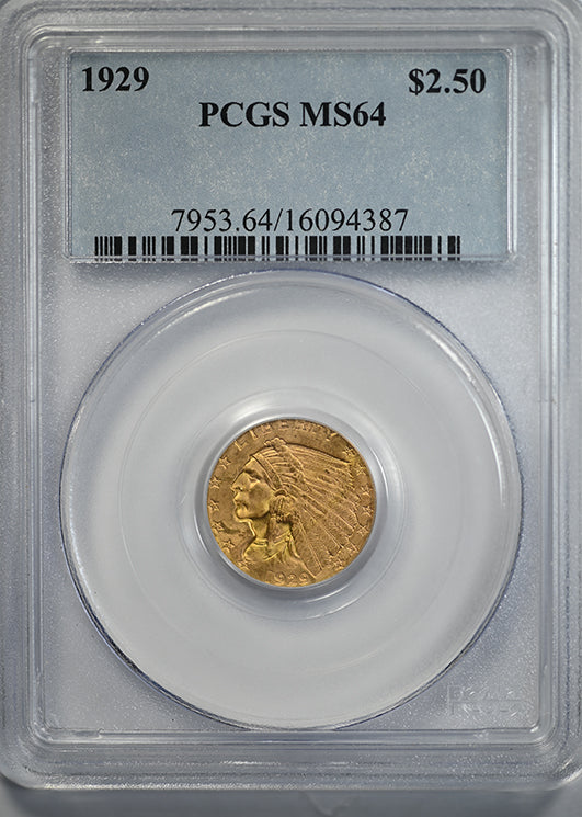 1929 Indian Head Gold Quarter Eagle $2.50 PCGS MS64 Obverse Slab