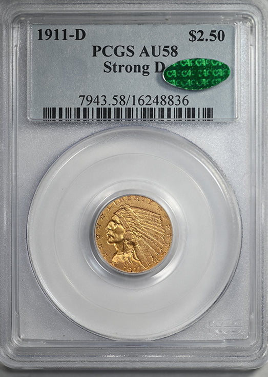 1911-D Indian Head Gold Quarter Eagle $2.50 PCGS AU58 CAC - Strong D