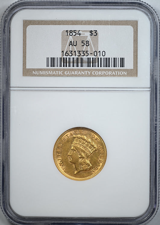 1854 Indian Princess Gold Three Dollar Piece $3 NGC AU58