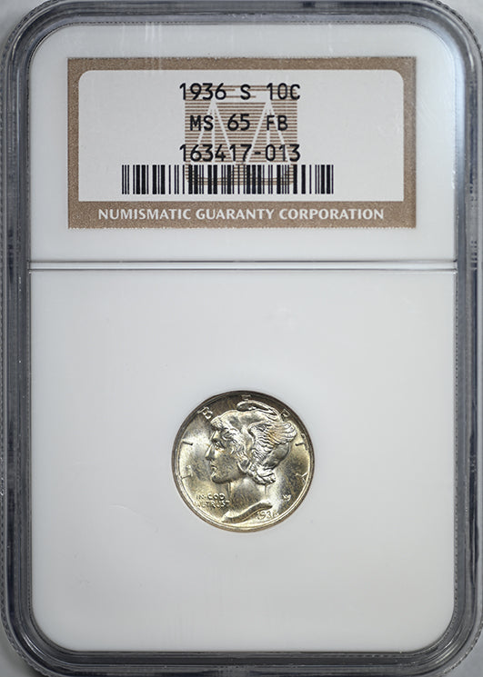 1936-S Mercury Dime 10C NGC MS65FB - Full Bands