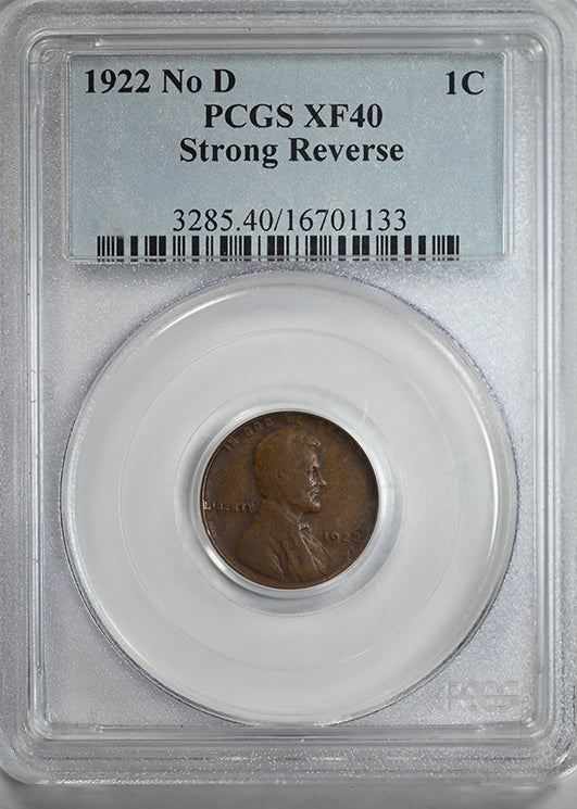 1922 No D Lincoln Wheat Cent 1C PCGS XF40 - Strong Reverse