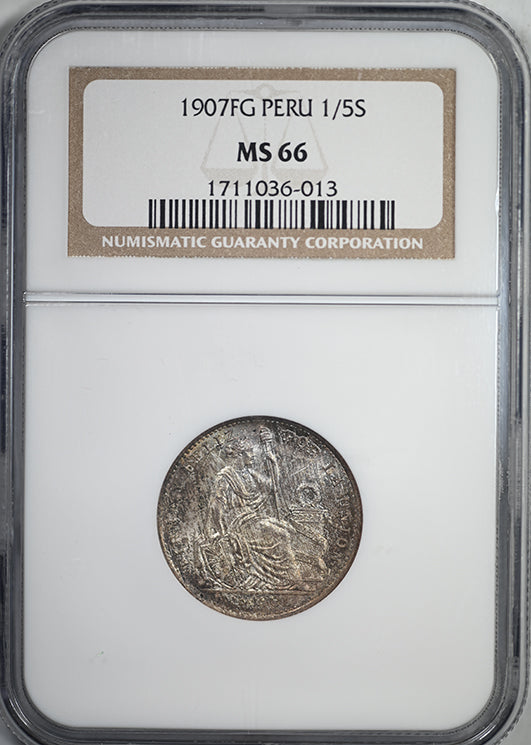 1907 FG Peru 1/5S Sol NGC MS66