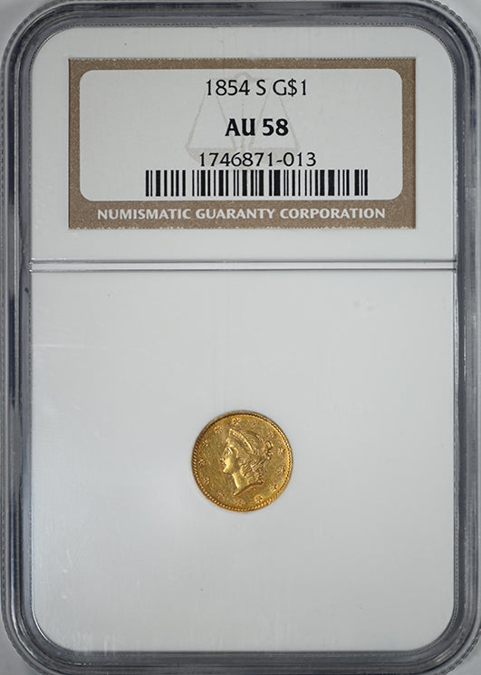 1854-S Type 1 Liberty Head Gold Dollar G$1 NGC AU58 Obverse Slab