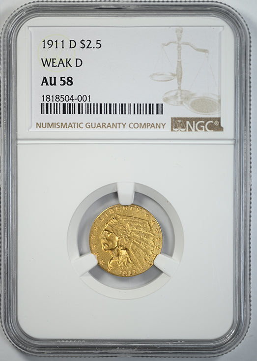 1911-D Weak D Indian Head Gold Quarter Eagle $2.50 NGC AU58 Obverse Slab