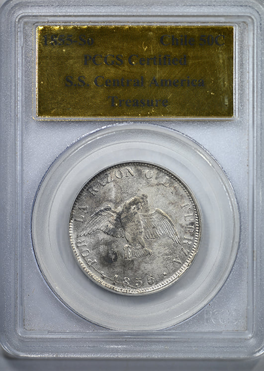1855-So Chile 50C Centavos PCGS Certified S.S. Central American Treasure