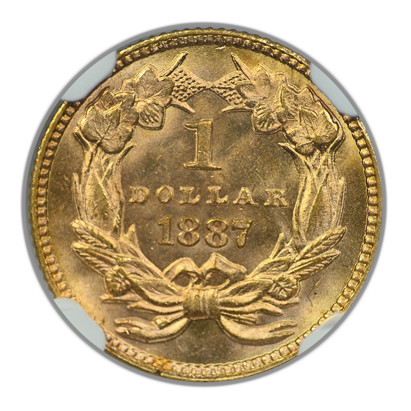 1887 Type 3 Indian Princess Head Gold Dollar G$1 NGC MS67 Reverse