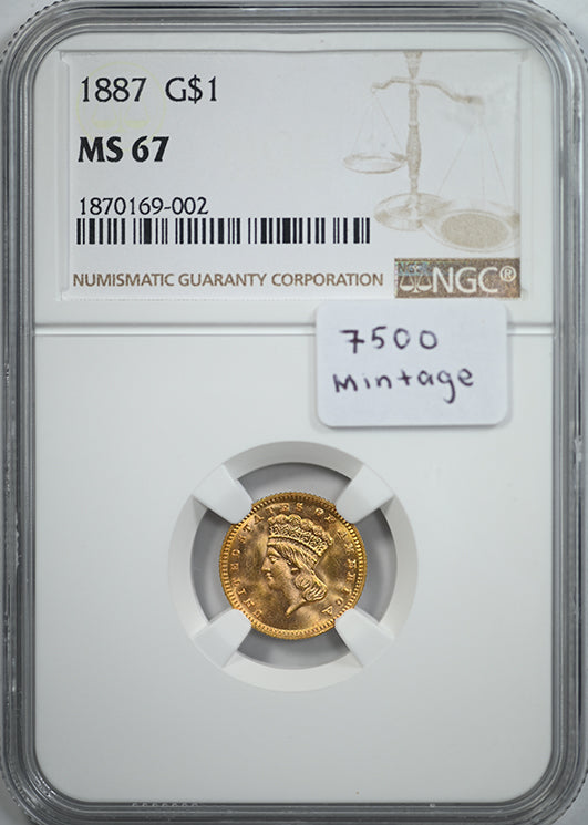 1887 Type 3 Indian Princess Head Gold Dollar G$1 NGC MS67 Obverse Slab