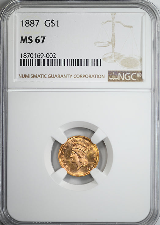 1887 Type 3 Indian Princess Head Gold Dollar G$1 NGC MS67