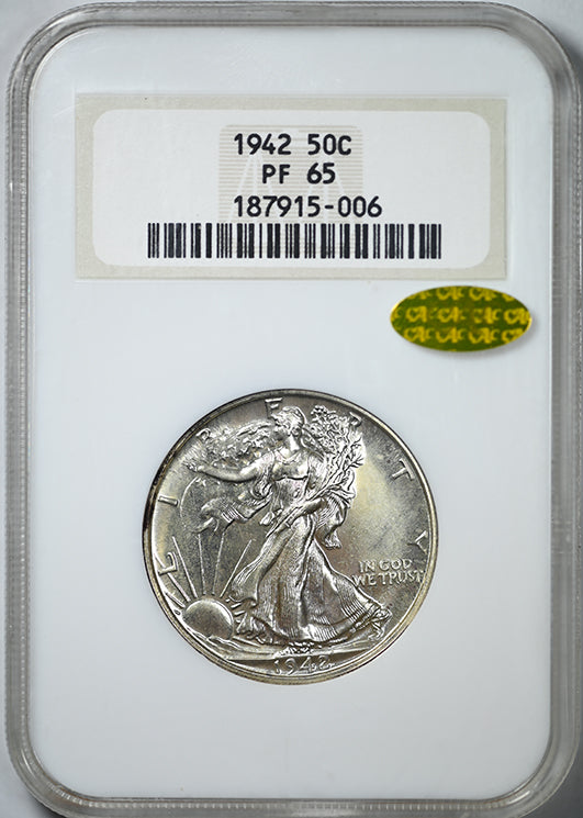 1942 Proof Walking Liberty Half Dollar 50C NGC Fatty PF65 Gold CAC