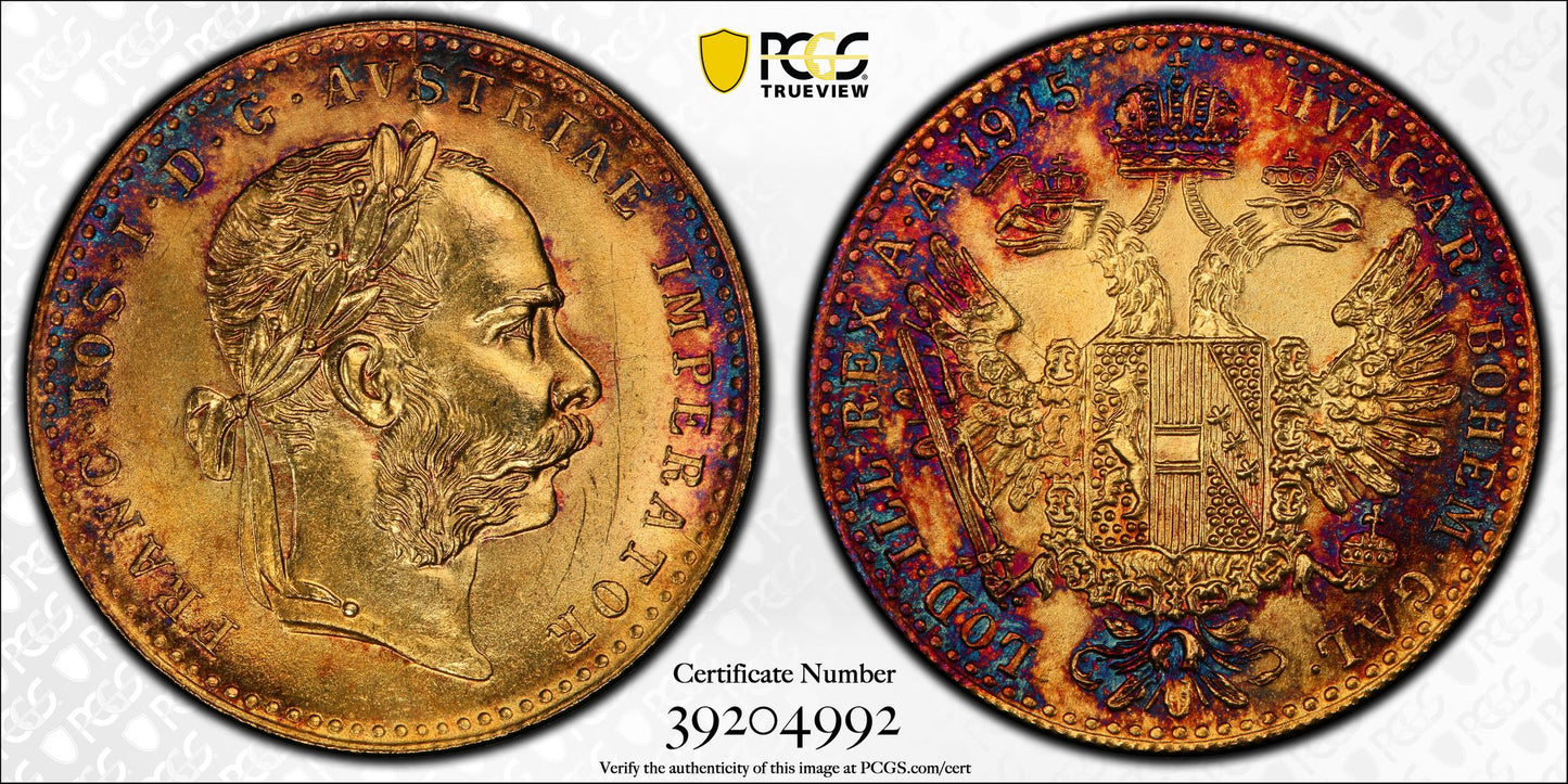 1915 Austria Gold Ducat PCGS MS65 Restrike - TONED!