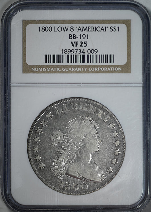 1800 Draped Bust Dollar $1 NGC VF25 BB-191 Low 8 "AMERICAI"