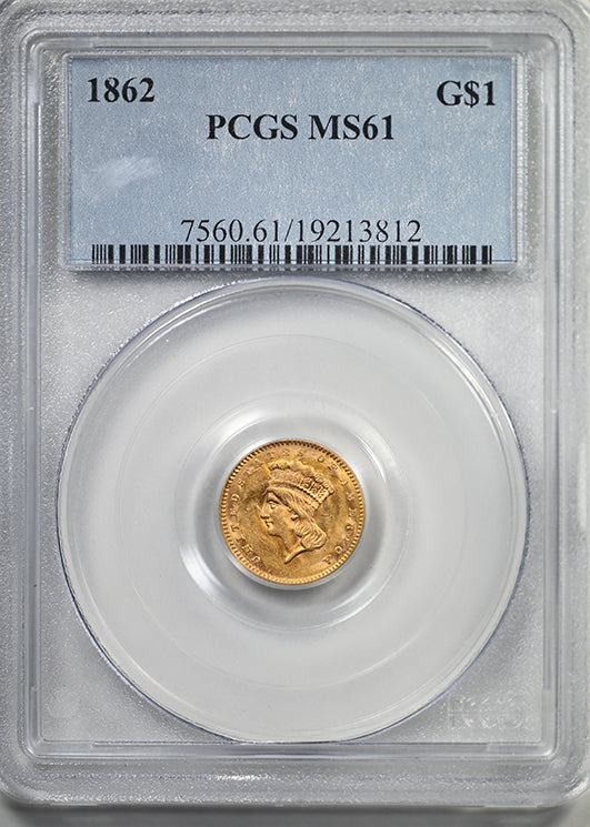 1862 Type 3 Indian Princess Head Gold Dollar G$1 PCGS MS61