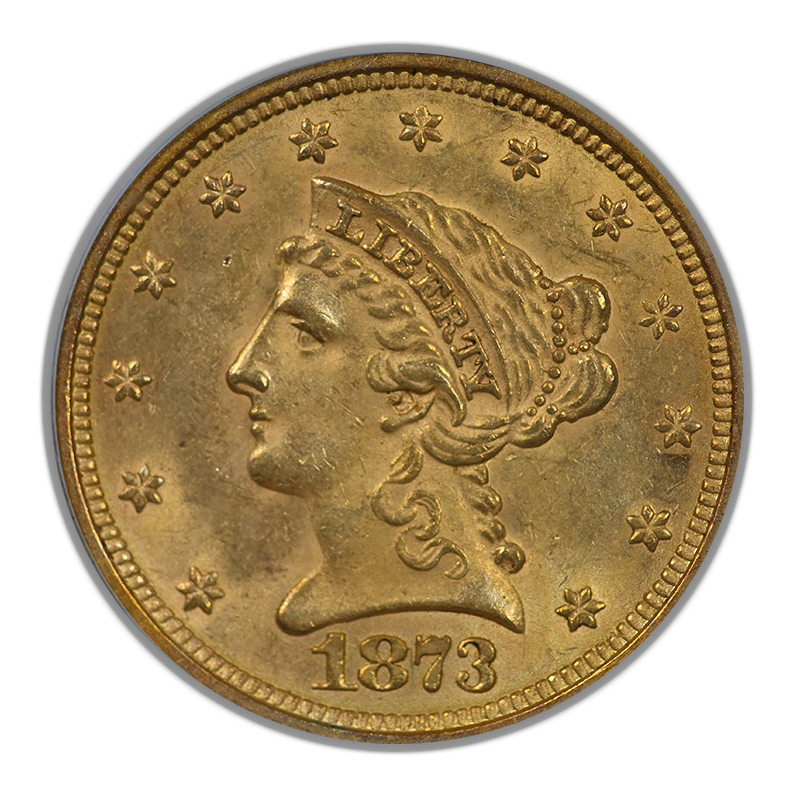 1873 Liberty Head Gold Quarter Eagle $2.50 PCGS MS62 CAC - Open 3