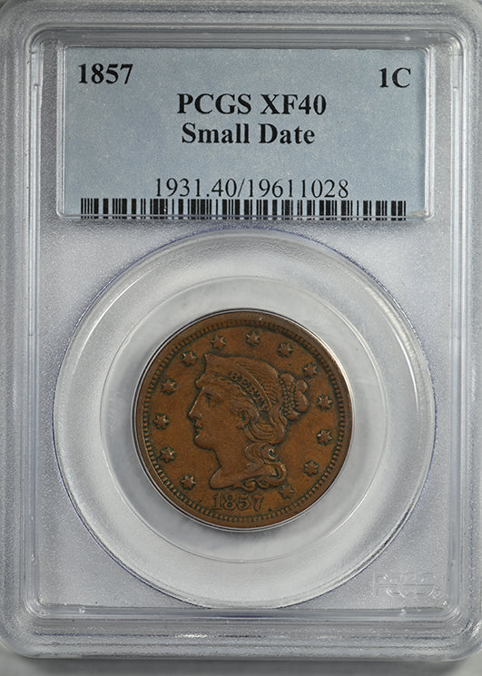1857 Braided Hair Liberty Head Large Cent 1C PCGS XF40 - Small Date
