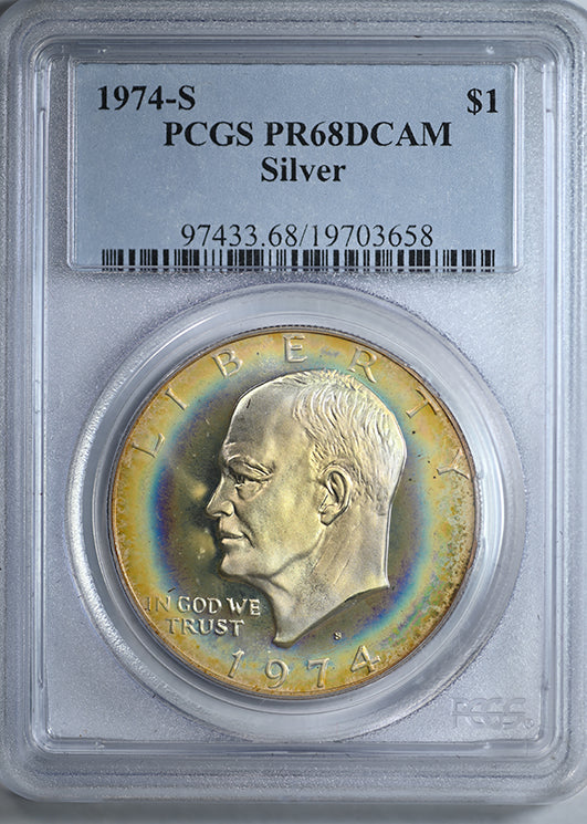 1974-S Silver Eisenhower Ike Dollar $1 PCGS PR68DCAM Deep Cameo - TONED!