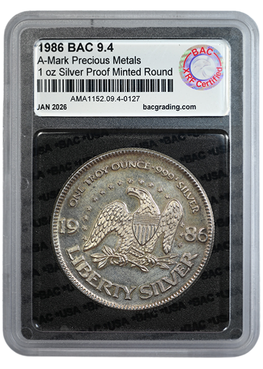 1986 A-Mark Precious Metals Eagle & Bell 1oz Silver Round BAC 9.4