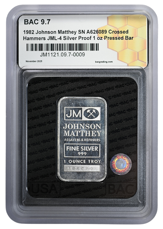1982 Johnson Matthey JM Crossed Hammers 1oz Pressed Silver Bar BAC 9.7 Oversized Holder