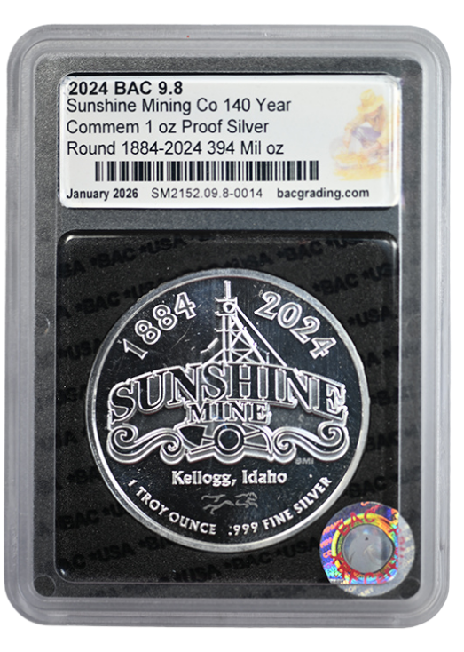 2024 Sunshine Mining 140 Year Commemorative 1oz Silver Round BAC 9.8