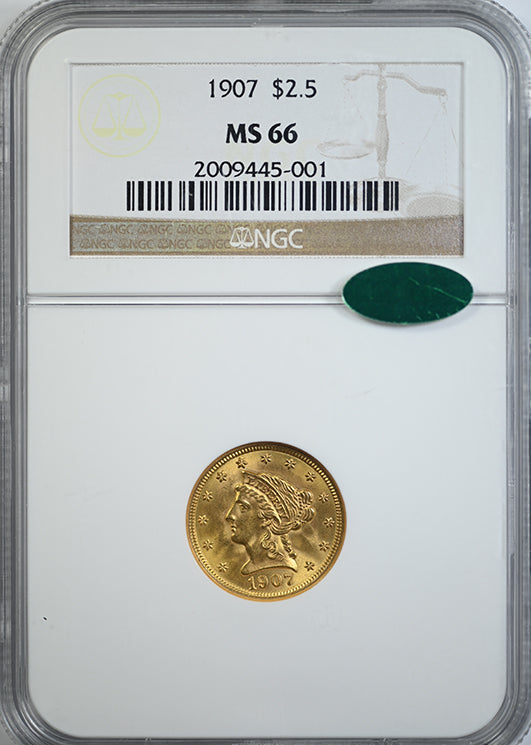 1907 Liberty Head Gold Quarter Eagle $2.50 NGC MS66 CAC Obverse Slab